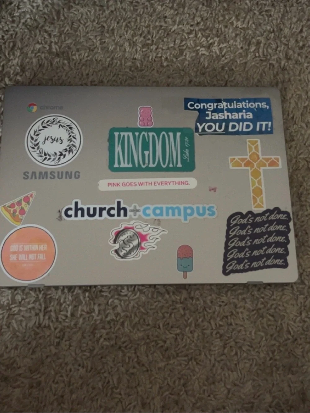 Samsung Silver Chromebook with Multicolored Inspirational Stickers